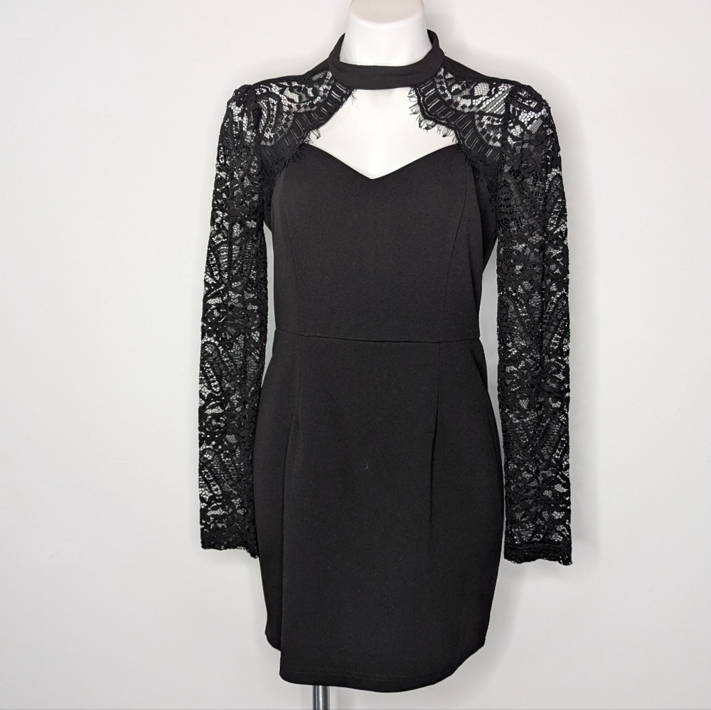 Lulus Black Lace Long Sleeve Cutout Neckline Dress M
